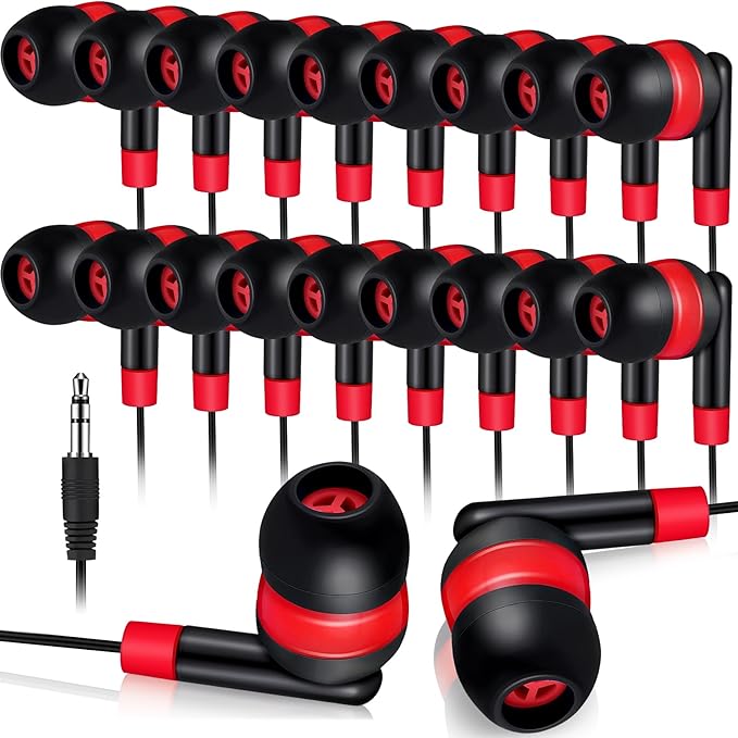 Kanayu 100 Pack Wired Earbuds Bulk for Classroom Ear Headphones Wired Basic Student Earbuds No Microphone with 3.5mm Jack for Kids Class Laptop School Library, Individually Bagged(Red)