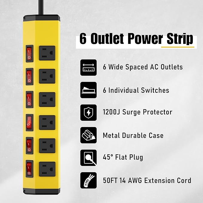 ANNQUAN 6 Outlet Metal Power Strip with 6 Individual Switches,Heavy Duty Power Strip 1200J 15A 50FT Cord Home Office Industrial Commercial Shop
