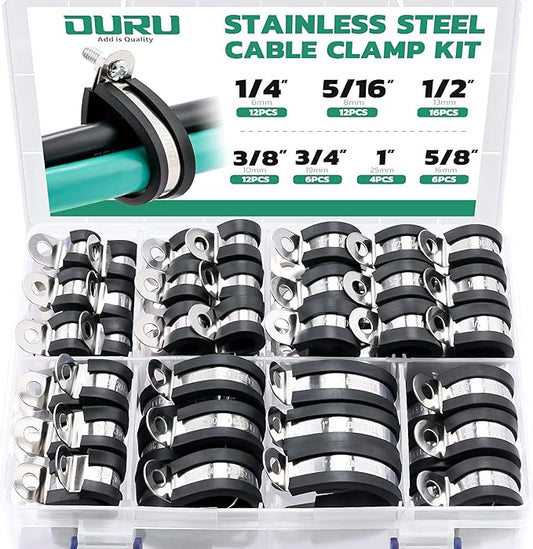 68PCS Cable Clamps Assortment Kit,7 Sizes Stainless Steel Rubber Coated Cushioned Insulated Cable Clamps-Metal Wire Clamps,Pipe Clamps for Tube,Lines