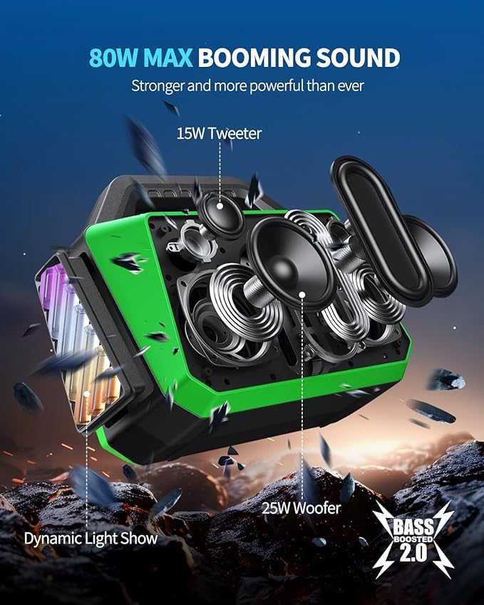 Bluetooth Speaker - 80W Loud Rugged Outdoor Speakers, IPX6 Waterproof, 20H Playtime, Deep Bass, Lightshow, TWS, BT 5.3 Wireless, Portable for Travel Hiking Camping Beach Pool - Green