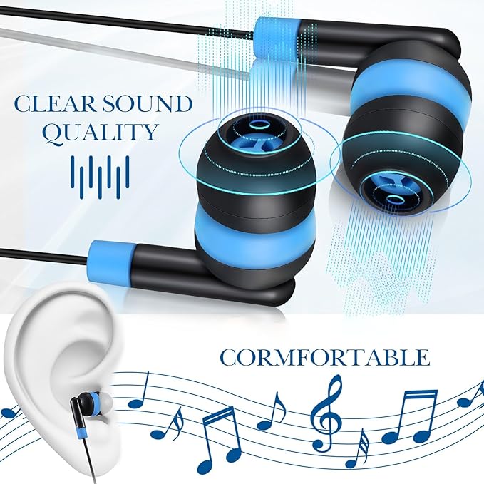 Kanayu 100 Pack Wired Earbuds Bulk for Classroom Ear Headphones Wired Basic Student Earbuds No Microphone with 3.5mm Jack for Kids Class Laptop School Library, Individually Bagged(Blue)