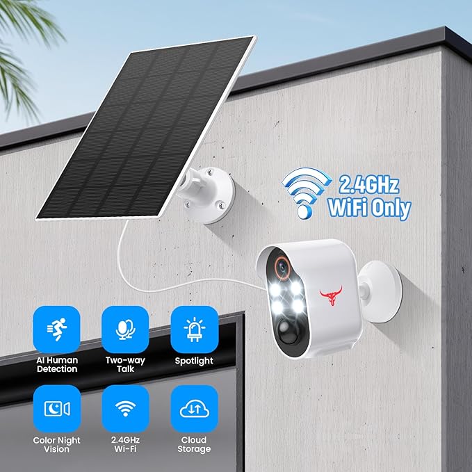 1080P Security Camera Wireless, Color Night Vision, Human Detection, Cloud Storage, 2-Way Audio, 2.4G WiFi, Live View, Indoor Outdoor Surveillance (4 Spotlights+Solar Panel)