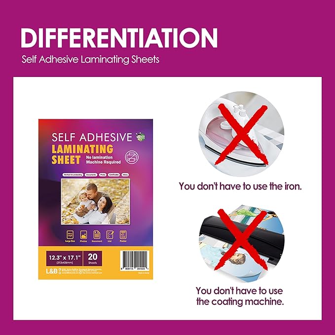 Self Adhesive Laminating Sheets 12.3x17.1 inch, 20 Pack, 4mil Thickness, No Heat, No Machine Laminating Sheets Self Sealing by HA SHI