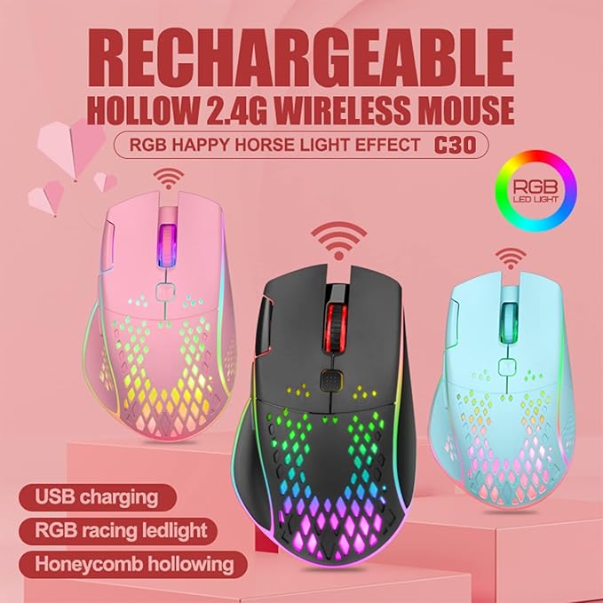 VEGCOO Wireless Gaming Mouse, C30 Silent Click Wireless Rechargeable Gaming Mouse with Double-Click Key and Colorful LED Lights, 3 Level Adjustable DPI for Gaming and Working (Pink)