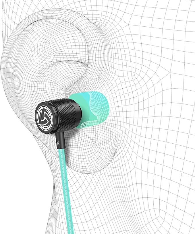 LUDOS Ultra Wired Earbuds in-Ear Headphones, 5 Years Warranty, Earphones with Mic, Noise Isolating Ear Buds, Memory Foam for iPhone, Samsung, School Students, Kids, Women, Small Ears - Turquoise