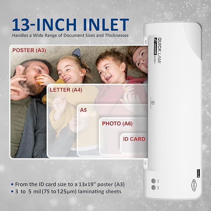 SINCHI 13-Inch Thermal Laminator Machine, 3–5 Mil, 40s Warm-Up, 20"/Min, Jam Release, Auto Shutoff, All-in-One Kit with 10 Pouches, Trimmer & Rounder, Cleaning Paper, Ideal for Home, Office, School