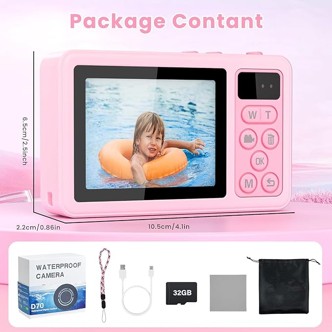 4K Digital Camera Waterproof, Point and Shoot Cameras for Photography, 10FT Underwater Camera with Dual Screens,18X Digital Zoom, 32GB TF Card, Selfie Cameras for Teens Beginners Girls Boys Kids(Pink)