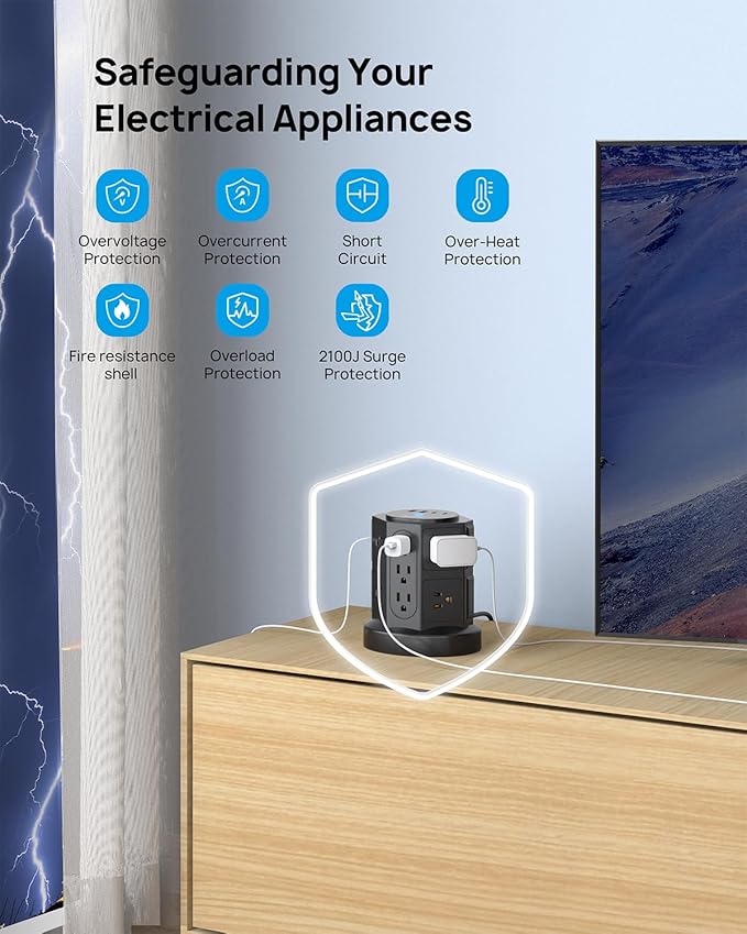 TROND Tower Surge Protector Power Strip with USB, 14 Widely Spaced Outlets, 2-USB C and 2 USB-A, 2100J Surge Protection, 10 Ft Extension Cord with Multiple Outlets Home, Office, Dorm Essentials Black