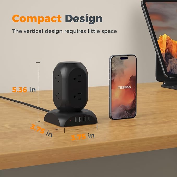 Black Surge Protector Power Strip Tower, TESSAN Flat Plug Extension Cord 10Ft with 8 AC Outlets 4 USB Ports (1 USB C), 1050J Protection Charging Station for Home, Office, Dorm Room Essentials
