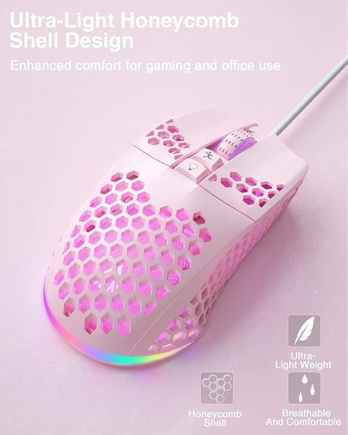 SM900 Pink Wired Gaming Mouse with Honeycomb Shell,12800 DPI,7 Programmable Buttons,Lightweight Gaming Mice Ergonomic Computer Mouse Gaming for Windows/PC/Mac/Laptop Gamer