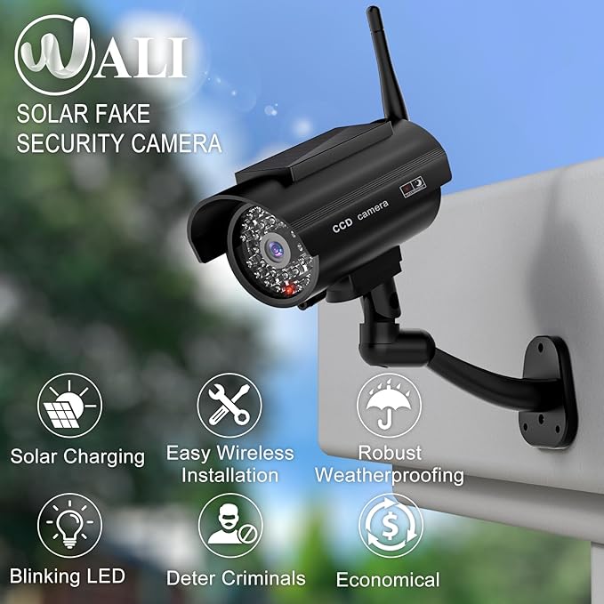 WALI Dummy Fake Camera, Solar Powered Fake Security Camera with LED Light, Simulated Surveillance Security CCTV Dome Cameras with Antenna and Warning Sticker Indoor Outdoor (SOL-TCB2), 2 Packs, Black
