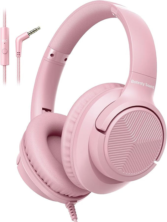 Wired Headphones with Microphone, Over Ear 3.5mm Plug in Headphones with 4.9ft Tangle-Free Nylon Cord for Tablet, Laptop, MP3/4, School, Airplane Travel (Pink)