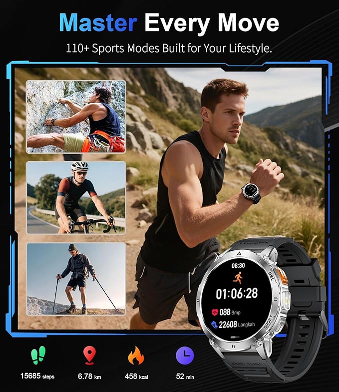 LIGE Smart Watches for Men with LED Flashlight/Call, 1,62'' HD AMOLED Screen 730mAh Military Smartwatches with 110+ Sports, 3ATM Fitness Tracker with 24/7 Heart Rate/Sleep for iOS Android, Silver