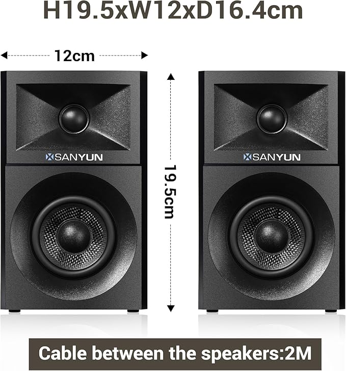 Sanyun SW203 4.0 Computer Speakers - 60W 4-Way DSP Control 3D Immersive Sound - 3" Carbon Fiber Woofer & 20mm Silk Dome Tweeter - 24bit DAC USB/Bluetooth 5.4/AUX - Studio-Grade Audio (Pair, Black)