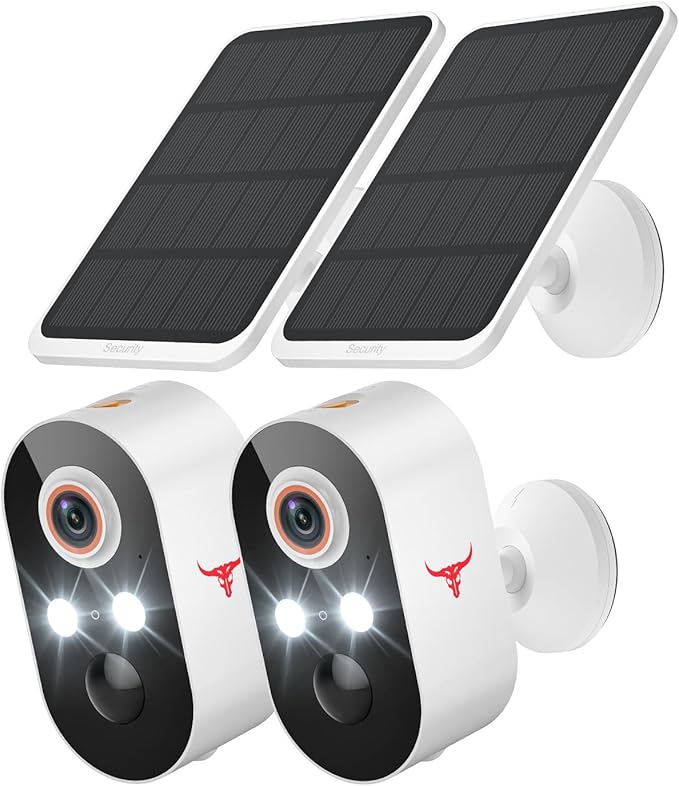 1080p Wireless Security Camera with Solar Panel, 2.4GHz Wi-Fi, Color Night Vision, Home Security System, PIR Motion Detection, 2-Way Talk, Outdoor Surveillance Bullet Cam (2 Pack)