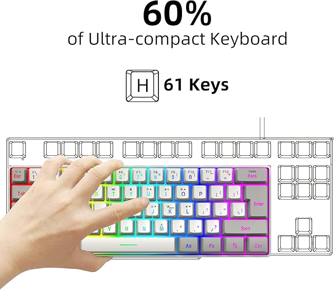 Snpurdiri 60% Wired Gaming Keyboard, 61 Keys RGB Backlit Small Gaming Keyboard for PC/Mac Gamer, Typist, Travel, Easy to Carry on Business Trip(Grey-White)