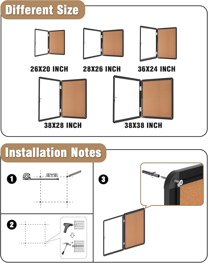 36"x24" Enclosed Bulletin Board, Lockable Weather-Resistant Aluminum Cork Noticeboard for School & Office, Black Frame w/Cork