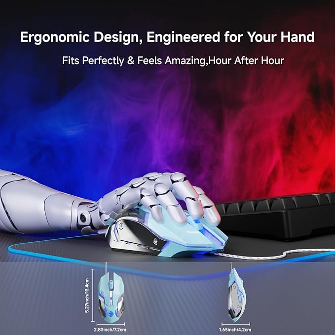 EWEADN G3 Wired Gaming Mouse, 2400 DPI Wired Optical Mouse with 6 Programmable Macro Buttons, Metal Base, 4-Color Breathing Light for PC/Laptop/Windows-Blue