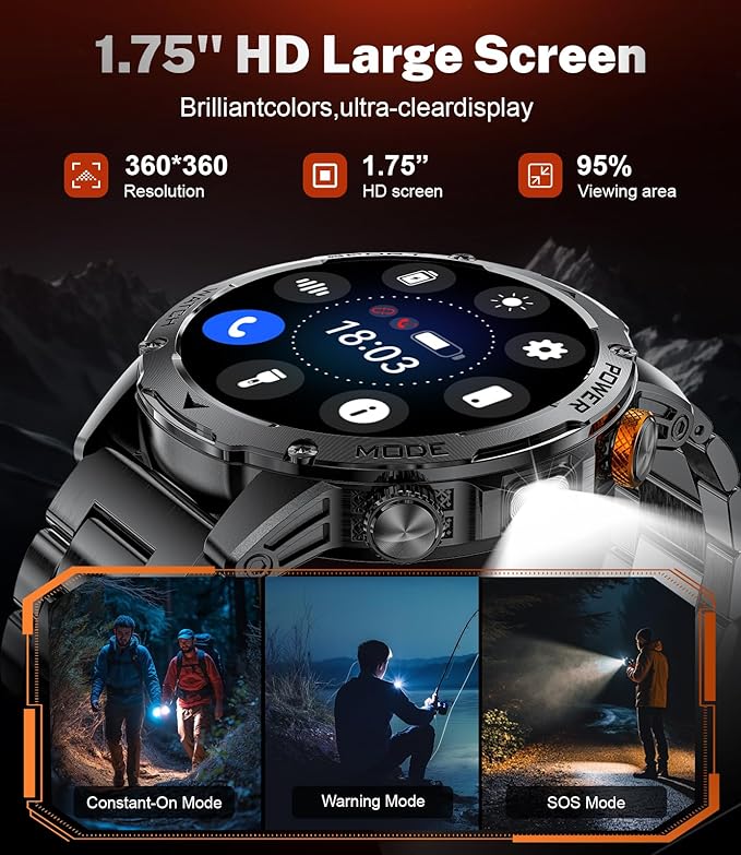 LIGE Smart Watch for Men (Make/Answer Calls) with 1000mAh, 1.75" HD Screen Smartwatch with Flashlight, Heart Rate/Sleep Monitor, IP68 Waterproof, 100+ Sports Modes for Android iOS, 3 Straps