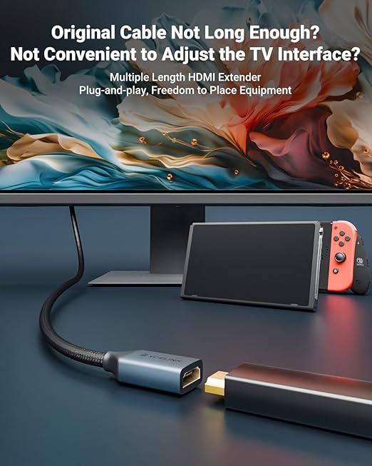 VCELINK 8K Short HDMI Extender Cable 0.6 FT Ideal for Tight Spaces, HDMI Extension Male to Female Adapter, Compatible with Roku TV Stick, HDTV, Game Console, Laptop (1 Pack, 2 FT)