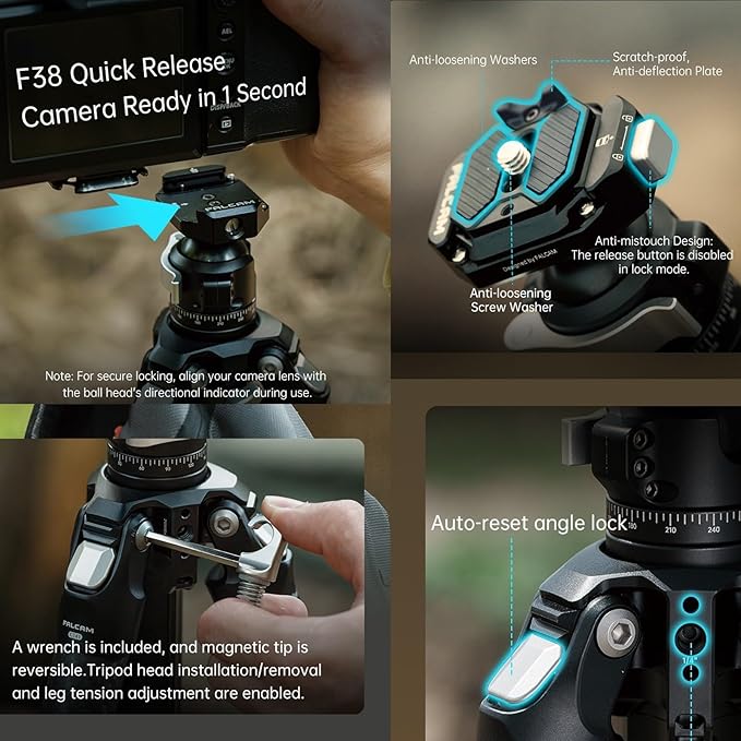 FALCAM TreeRoot Lite F38 Quick Lock Carbon Fiber Travel Tripod with Ball Head Load Capacity 3kg/6.6lbs, Max Vertical Payload 40Kg/88lbs for Cameras (C141K-301)