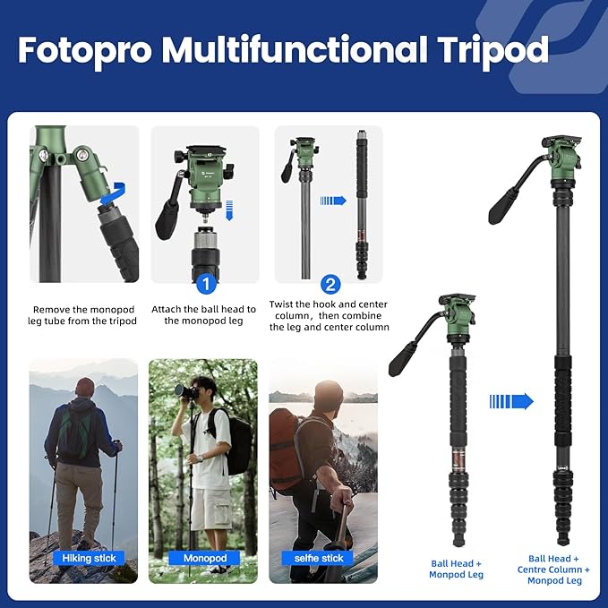 Fotopro 59" Carbon Fiber Travel Tripod, Compact Video Tripods with Fluid Head, Detachable Monopod with Arca-Swiss Quick Release Plate and Bag, Camera Tripod Load up to 8KG/17.63lbs, Green