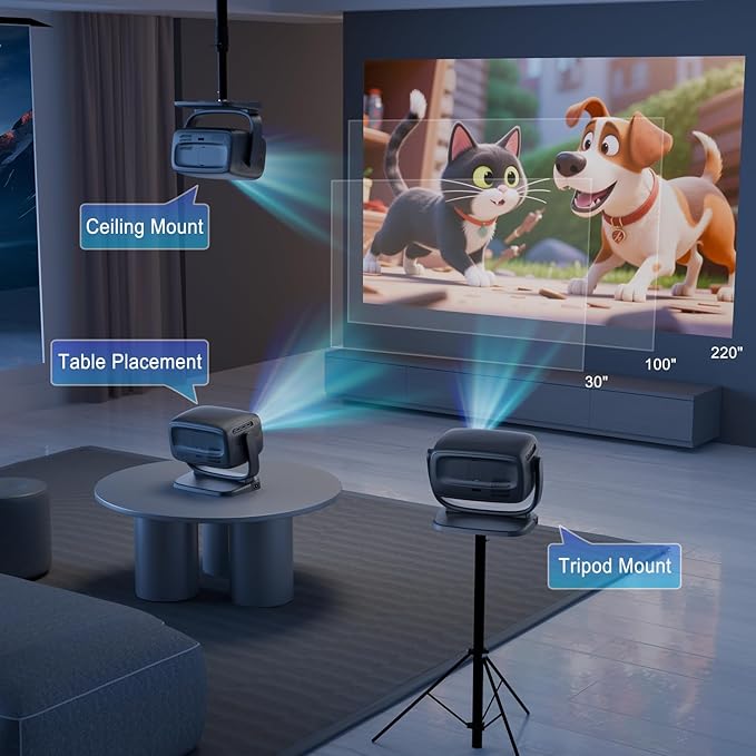 [Built-in App] Mini Projector, 4K Projector with 180° Rotation, FHD 1080P Portable Projector WiFi 6 & Bluetooth 5.2 Support, Smart Outdoor Projector Max 220" Compatible with iPhone/Android/TV Stick