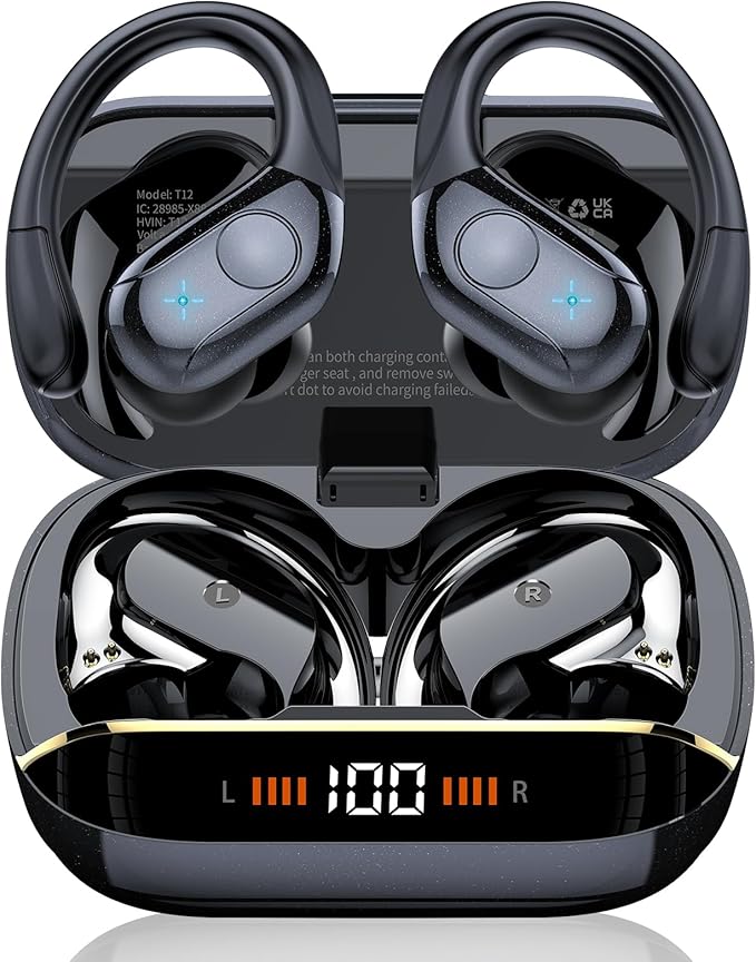 Wireless Earbuds Bluetooth 5.4 Headphones 75H Stereo Deep Bass Sports Over Ear Buds with Earhooks, LED Display Bluetooth Earbuds with 4 ENC Mic, IP7 Waterproof Earphone for Running, Black