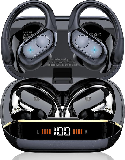 Wireless Earbuds Bluetooth 5.4 Headphones 75H Stereo Deep Bass Sports Over Ear Buds with Earhooks, LED Display Bluetooth Earbuds with 4 ENC Mic, IP7 Waterproof Earphone for Running, Black