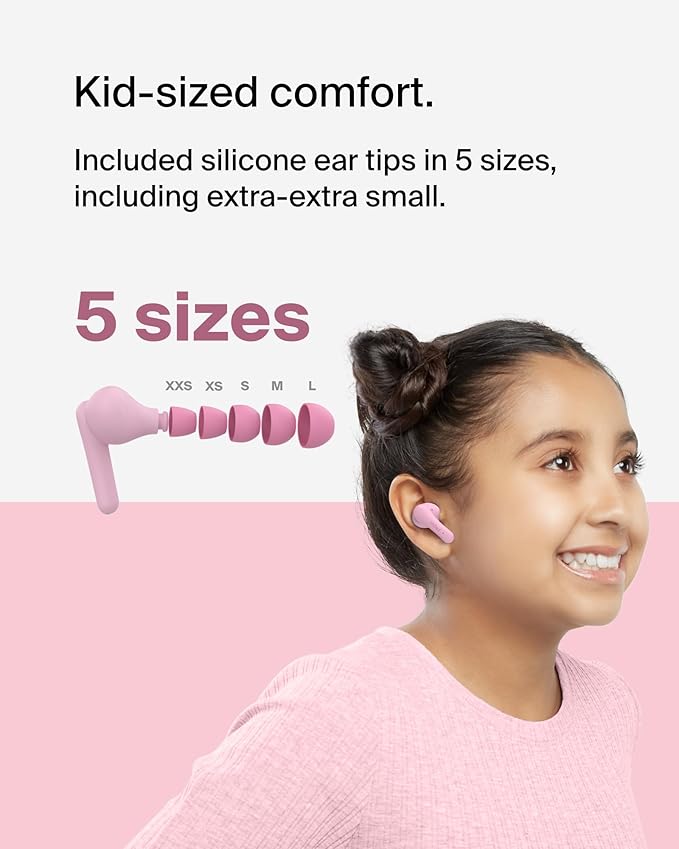 Belkin SoundForm Nano 2 Bluetooth Earbuds for Kids with Built-in Microphone, 28H Battery Life, Safe 85dB Volume, IPX5 Water Resistance - Kids Bluetooth Earbuds for iPhone, iPad, Galaxy, & More - Pink