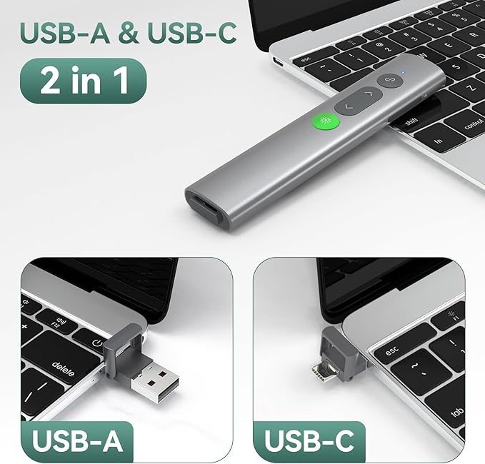 Wireless Presentation Clicker PowerPoint Remote: USB C A Presenter PPT Power Point Google Slide Advancer with Green Laser Pointer Smart Board Clicker for Computer Laptop Mac Projector Office Classroom
