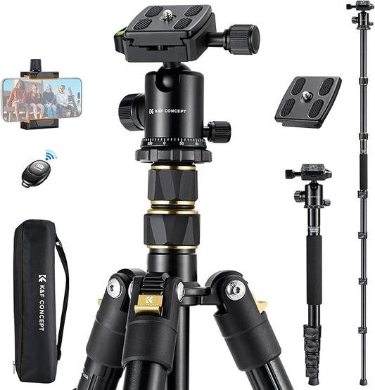 K&F CONCEPT Camera Tripod，72" Aluminum Tripod for Camera, Lightweight and Foldable Travel Tripod with Remote & Extra Quick Release Plate, Professional Camera Tripod Monopod for DSLR Camera and Phone.