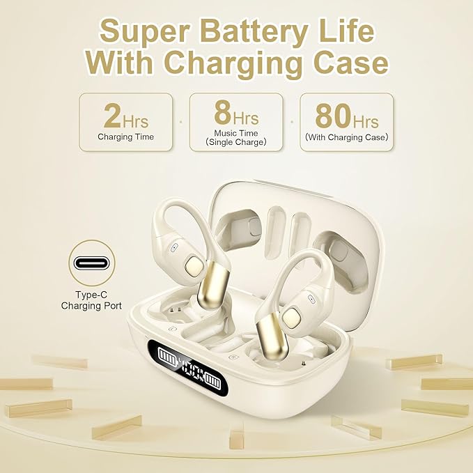 Open Ear Earbuds, Bluetooth 5.3 Wireless Air Conduction Headphones with Mic, LED Display Charging Case&Fast Charging, Ultra-Light Weight, 80H Playtime Earbuds for Work, Sports (White)