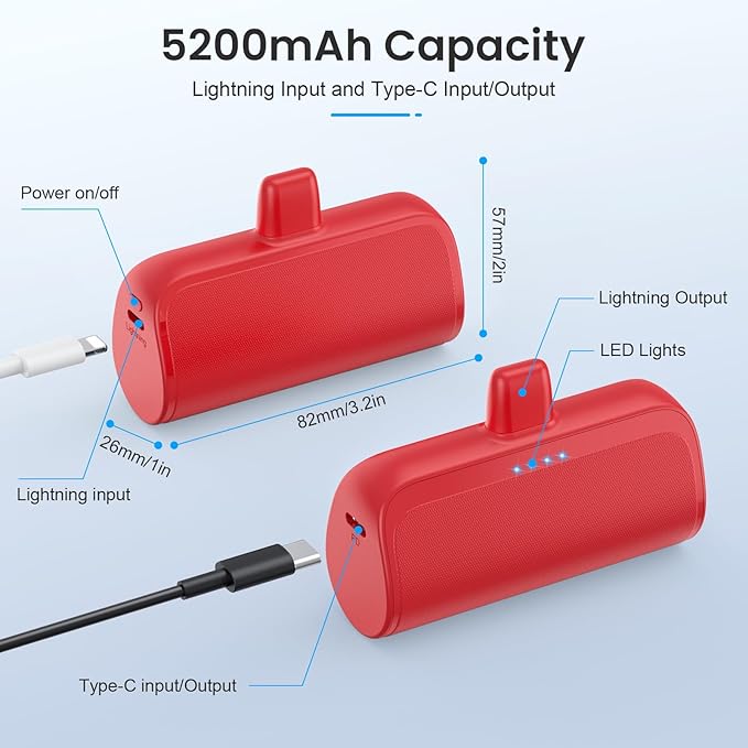 Mini Portable Charger Power Bank for iPhone,5200mAh Portable Phone Charger, Ultra-Compact PD Fast Charging Battery Pack Compatible with iPhone 14/14 Plus/Pro Max/13/12/12 Mini/11/XS/XR/X/8/7/6/6s