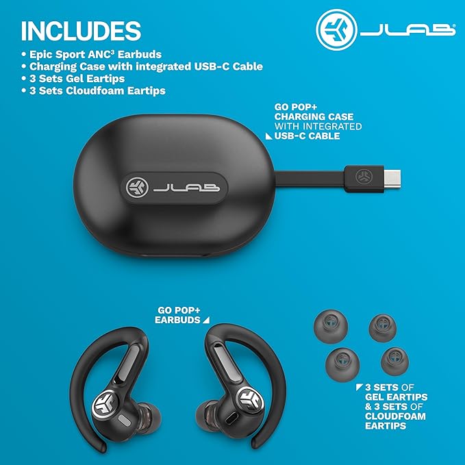 JLab Epic Air Sport ANC 3 True Wireless Bluetooth Earbuds for Active Workout, Hybrid Dual Drivers for Premium Sound, Hi-Res Audio, Spatial Audio, AAC, Sweatproof, 12+ Hours Playtime, Google Fast Pair