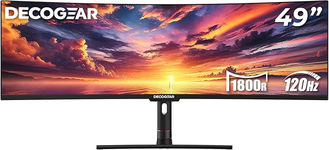 Deco Gear 49" Curved Ultrawide 5K Gaming Monitor, 32:9, 120 Hz, 101% NTSC 100% sRGB, Adjustable, Home Office and Entertainment Workstation