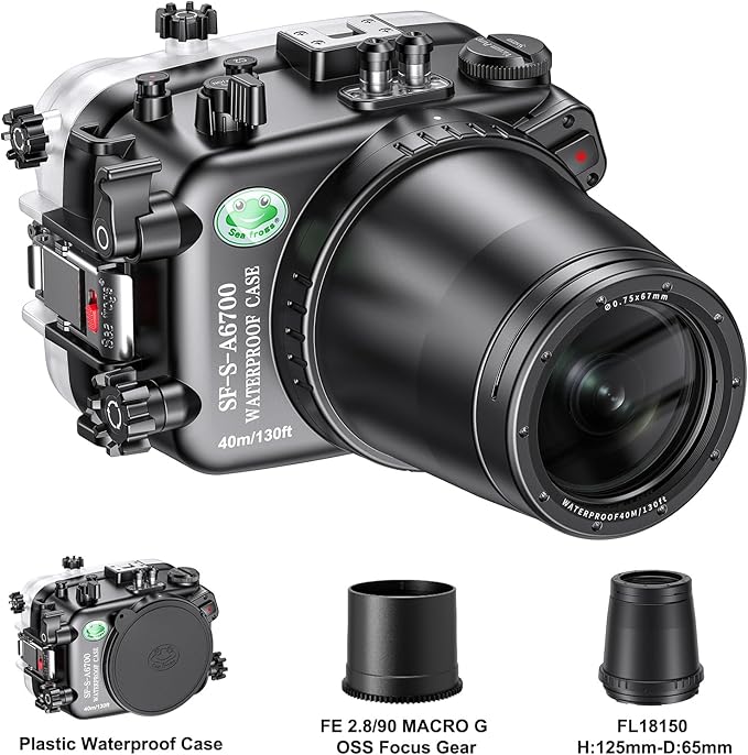 Sea frogs Underwater Camera Housing Compatible with Sony A6700 FE 2.8/90 Macro G OSS IPX8 Maximum Diving Depth 40m/130ft Waterproof Camera Case for Diving, Surfing, Rowing, Skiing