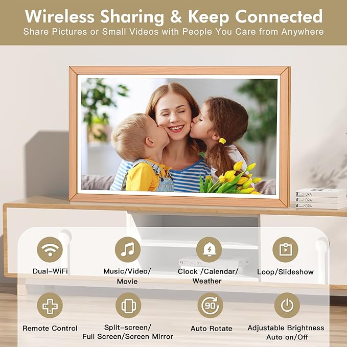21.5" Large Digital-Picture-Frame Smart Photo-Frame - 1920 x 1080 FHD IPS No Touch Screen Wood WiFi Photo Frames, Wall Mounted, 32GB, Remote Control, Send Photos Videos via APP Email, Gift for Mom Dad