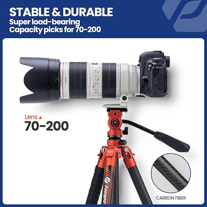 Fotopro Carbon Fiber Travel Tripod 2.2lbs Ultralight 64 Inch Portable Compact Travel Video Tripod for Camera DSLR Load up to 22lb X-Aircross 3 Lite Video Orange