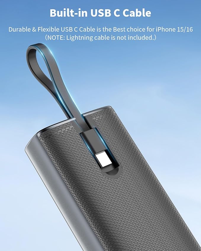 Miady Portable Charger, PD 35W Fast Charging Small Power Bank has Smart Digital Display Screen, 10000mAh Battery Pack Built-in USB-C Cable Compatible with iPhone 16/15 Galaxy S24/S22 Android and More