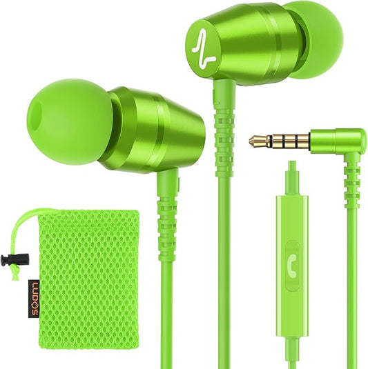 LUDOS OMNITONE Wired Earbuds in-Ear Headphones, 5 Years Warranty, Earphones with Microphone, 3.5 mm Jack Corded Ear Buds, Videoconference for iPhone, Samsung, Laptop, Kids, School Students - Green
