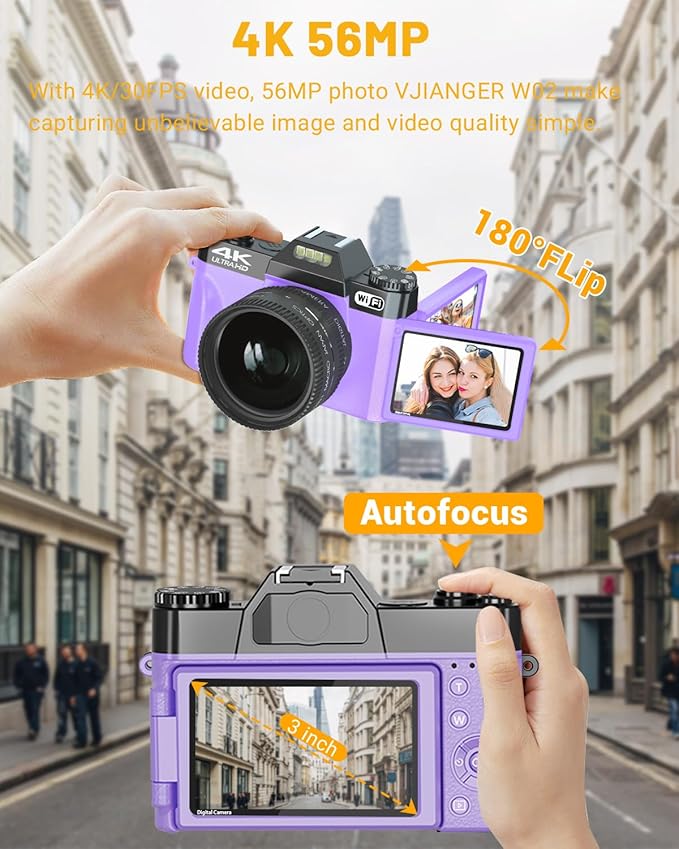 2024 Upgrade VJIANGER Digital Camera for Photography Vlogging Camera for YouTube with WiFi, 180° Flip Screen, 16X Digital Zoom, 52mm Lens, 2 Batteries, 32GB Micro SD Card(Purple)