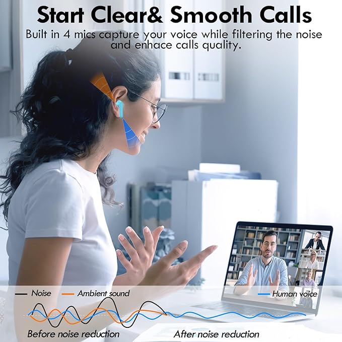 kurdene Wireless Earbuds, Bluetooth 5.3 in Ear Buds Light Weight Headphones with Deep Bass Sound,48 Hours Playtime Headset,Clear Calls Earphones with Mics for Sports Workout Blue