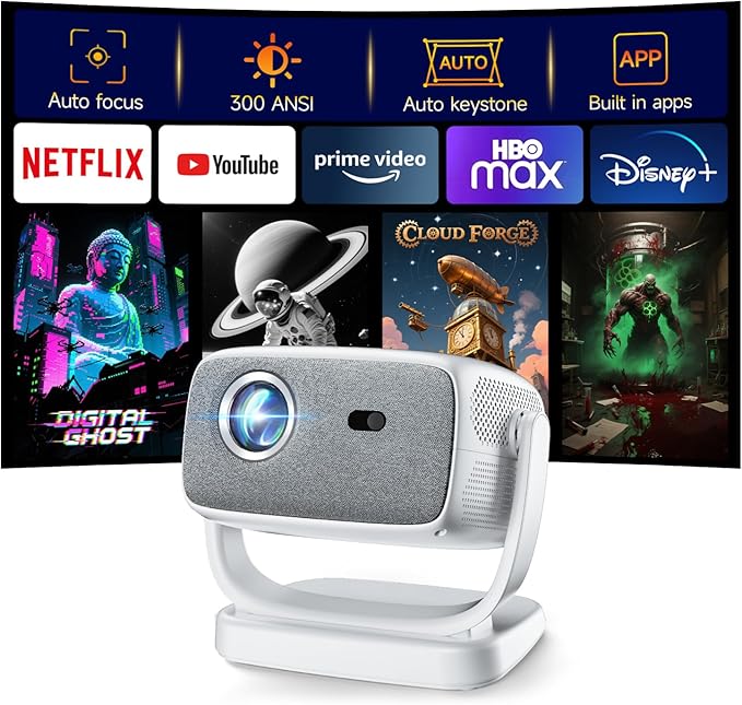 [Built-in Apps&Auto Focus] Portable Projector 1080P Smart Mini Projector Support 4K 180° Stand Auto Keystone with WiFi 6 Bluetooth Fabric Panel Movie Projector Compatible with TV Stick/Xbox/Laptop