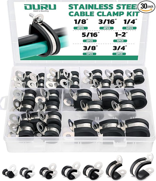 30PCS Cable Clamps Assortment Kit,7 Sizes—1/8" 3/16" 1/4" 5/16" 3/8" 1/2" 3/4" Stainless Steel Rubber Coated Cushioned Insulated Cable Clamp,Automotive Wire Pipe Clamps