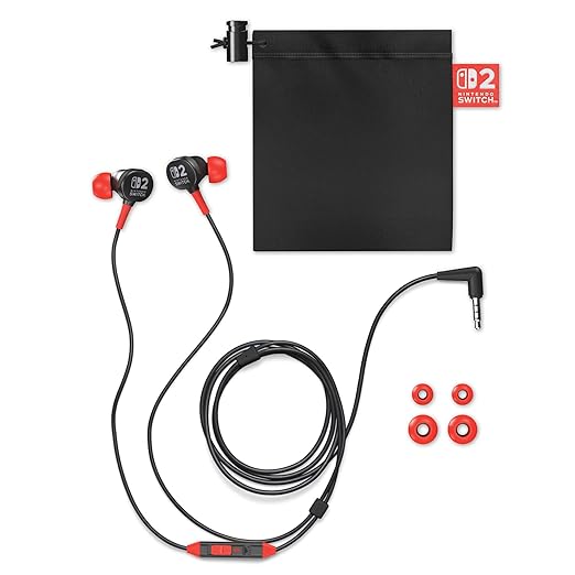PowerA Wired Earbuds for Nintendo Switch 2- Black, Officially Licensed, 8 mm Speaker Drivers, in-Ear Design, 3 Swappable Tips, Includes Drawstring Storage Bag