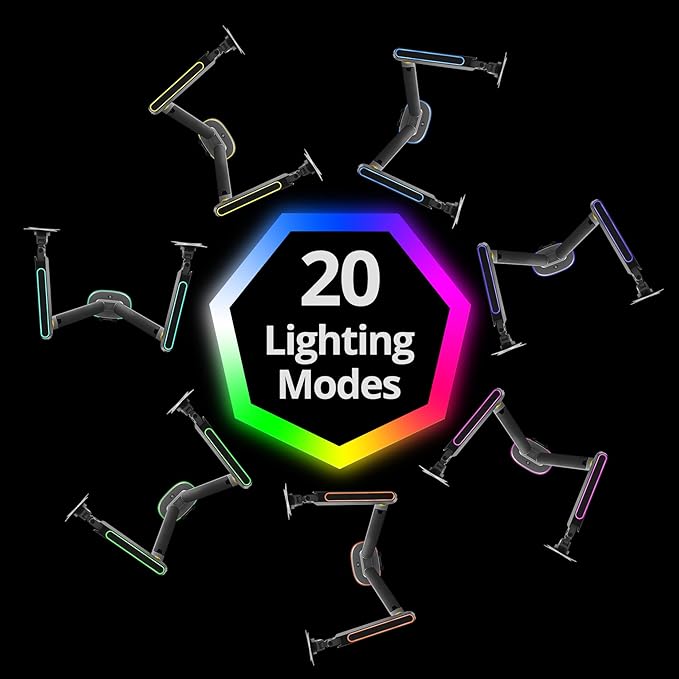 AVLT Dual 27”-43” RGB Gaming Monitor Arm Desk Mount Built-in 20 Lighting Modes Touch Button Control Fits Flat/Curved/Ultrawide Screen Height Swivel Tilt Rotation Adjustable Monitor Stand -Dark Gray