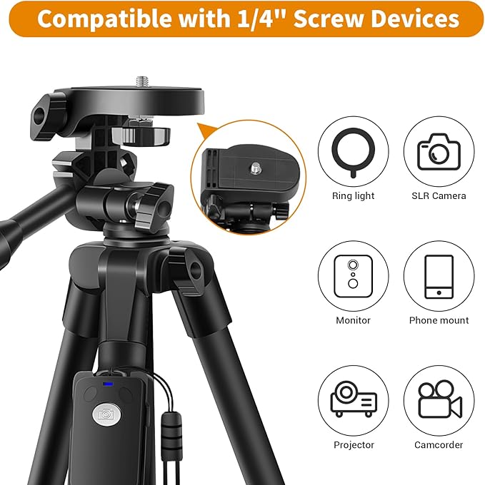 XXZU Tripod, 67" Camera Tripod with Travel Bag, Cell Phone Tripod with Remote, Aluminum Portable Tripod Stand with Phone Tripod Mount & 1/4”Screw, for Phone/Camera/Projector/DSLR/SLR