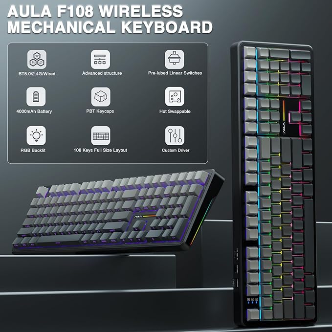 AULA F108 Wireless Mechanical Keyboard, Full Size Gaming Keyboard with Number Pad, Side Printed PBT Keycaps, Pre-lubed Switches, RGB Backlit, Hot Swappable Creamy Sounding Computer Keyboards, 108 keys