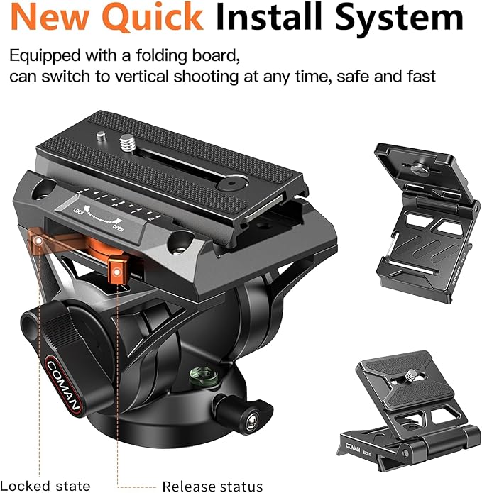 COMAN Fluid Head Tripod for DSLR Camcorder,Camera Monopod Tripod 360° Pan&+90°/-70° Tilt,New Q6 Fluid Head Aluminum Alloy QR Plate Compatible with DJI RS Gimbal Manfrotto Max Load 17.6lb